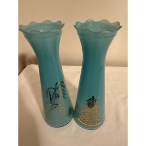 Set Of 2 Vintage Mcm Oriental Aqua Blue/Teal Gold Vases‎ Great Cond.